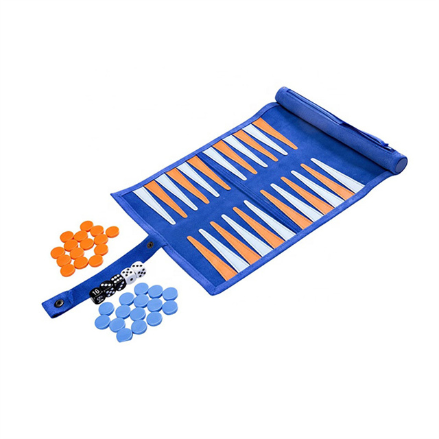 Faux Suede Backgammon Roll Up with Acrylic Checkers Blue Orange Points