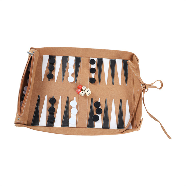 Microfiber Brown Leather Backgammon Roll Up Set