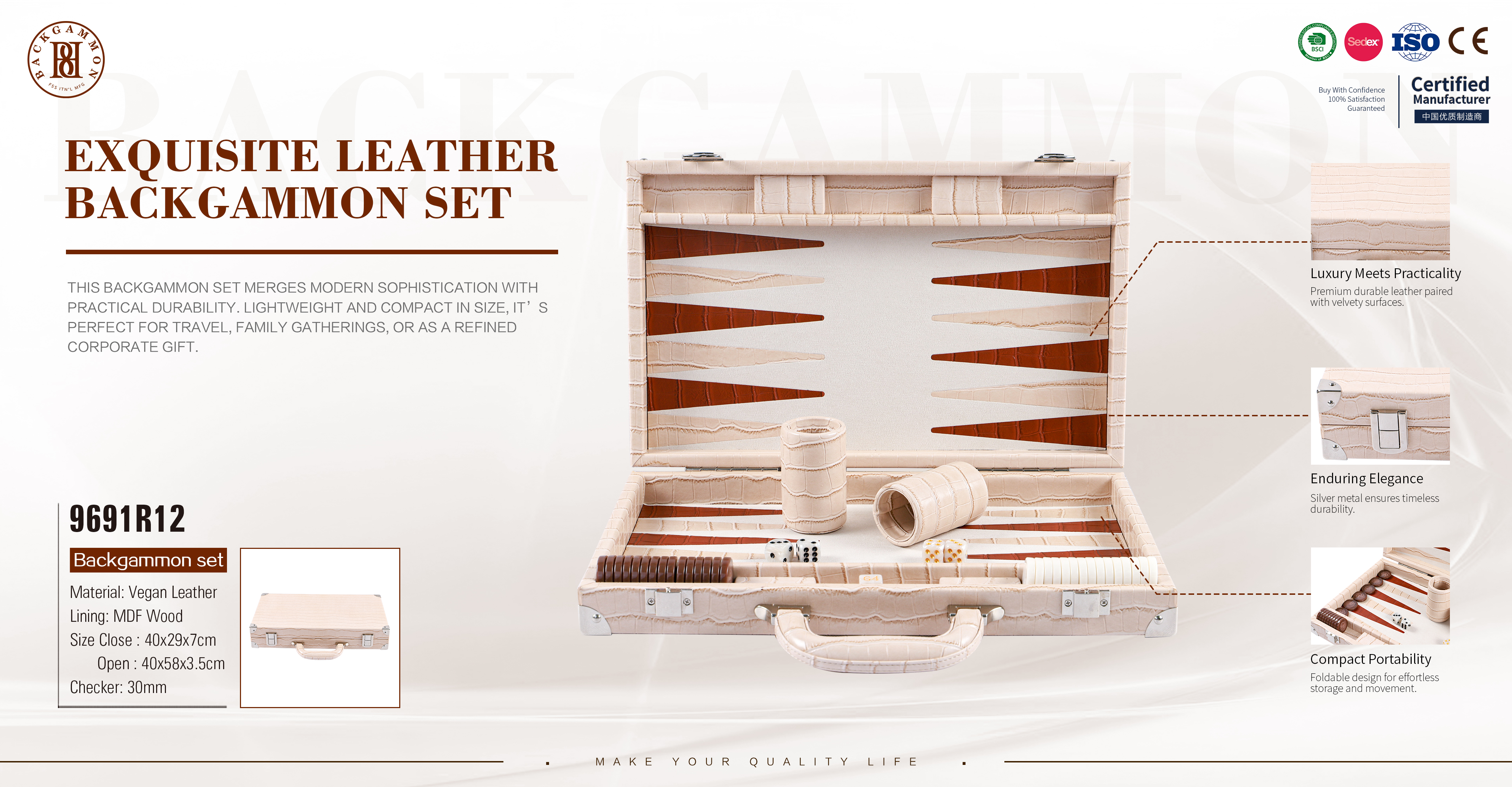 2025 New Luxury Design Customizable Leather Backgammon Set Folding Backgammon Set