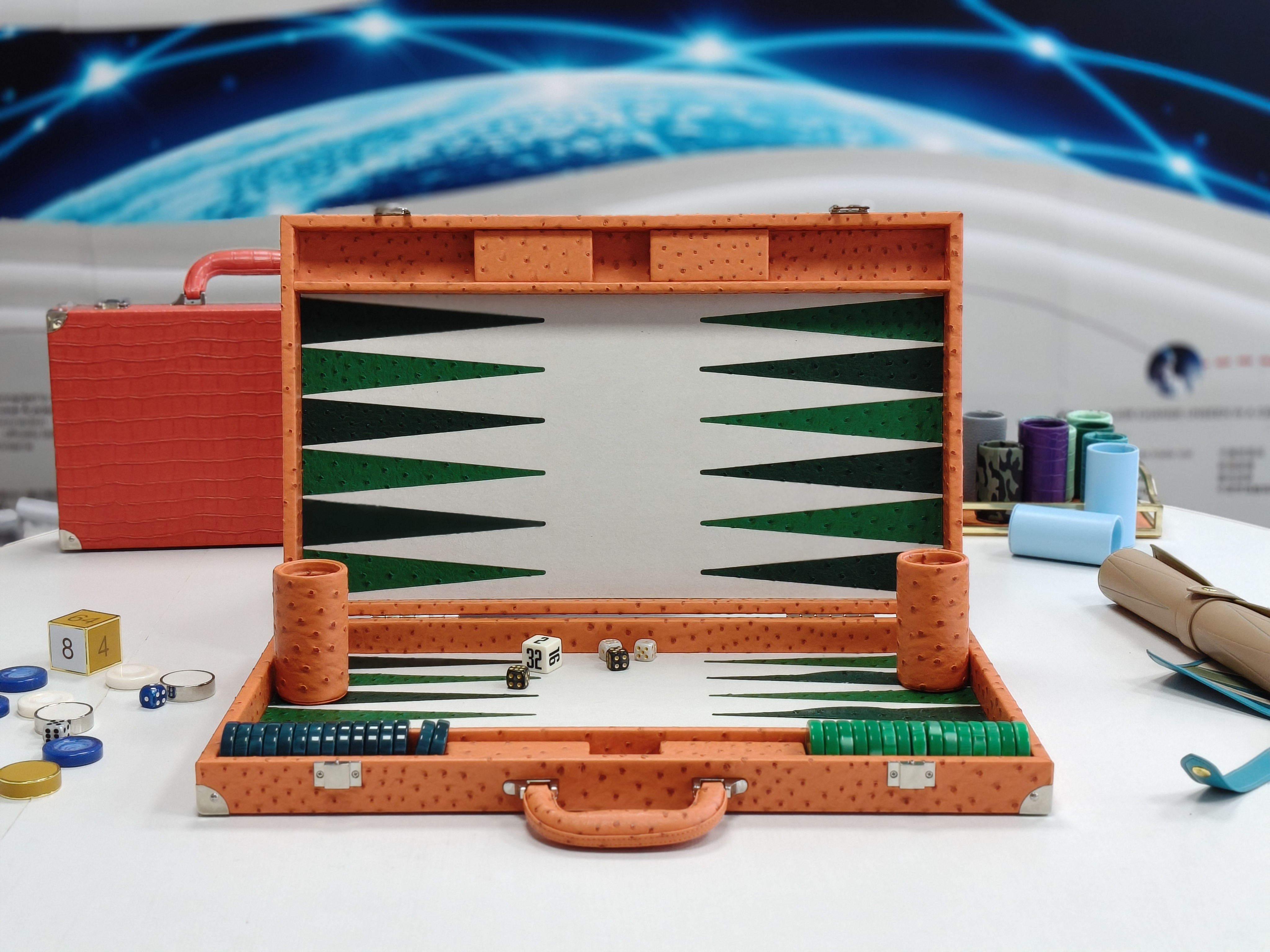 orange ostrich texture backgammon suitcase closed luxury board game