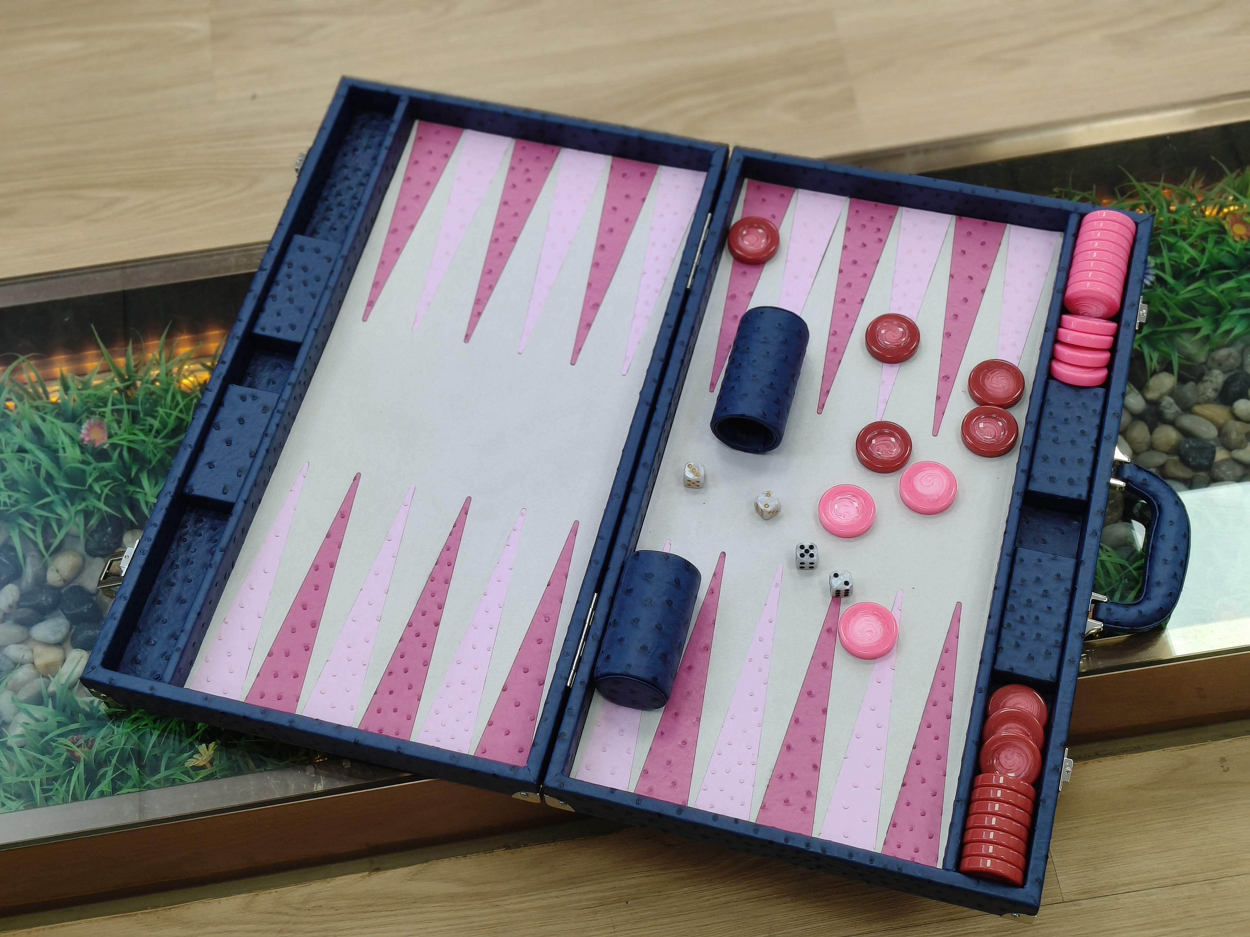 Navy Blue Ostrich-Embossed Leather Backgammon Set - Luxury Handcrafted Folding Board for Corporate Gifts