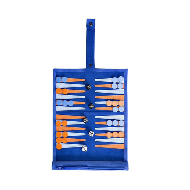 Faux Suede Backgammon Roll Up with Acrylic Checkers Blue Orange Points