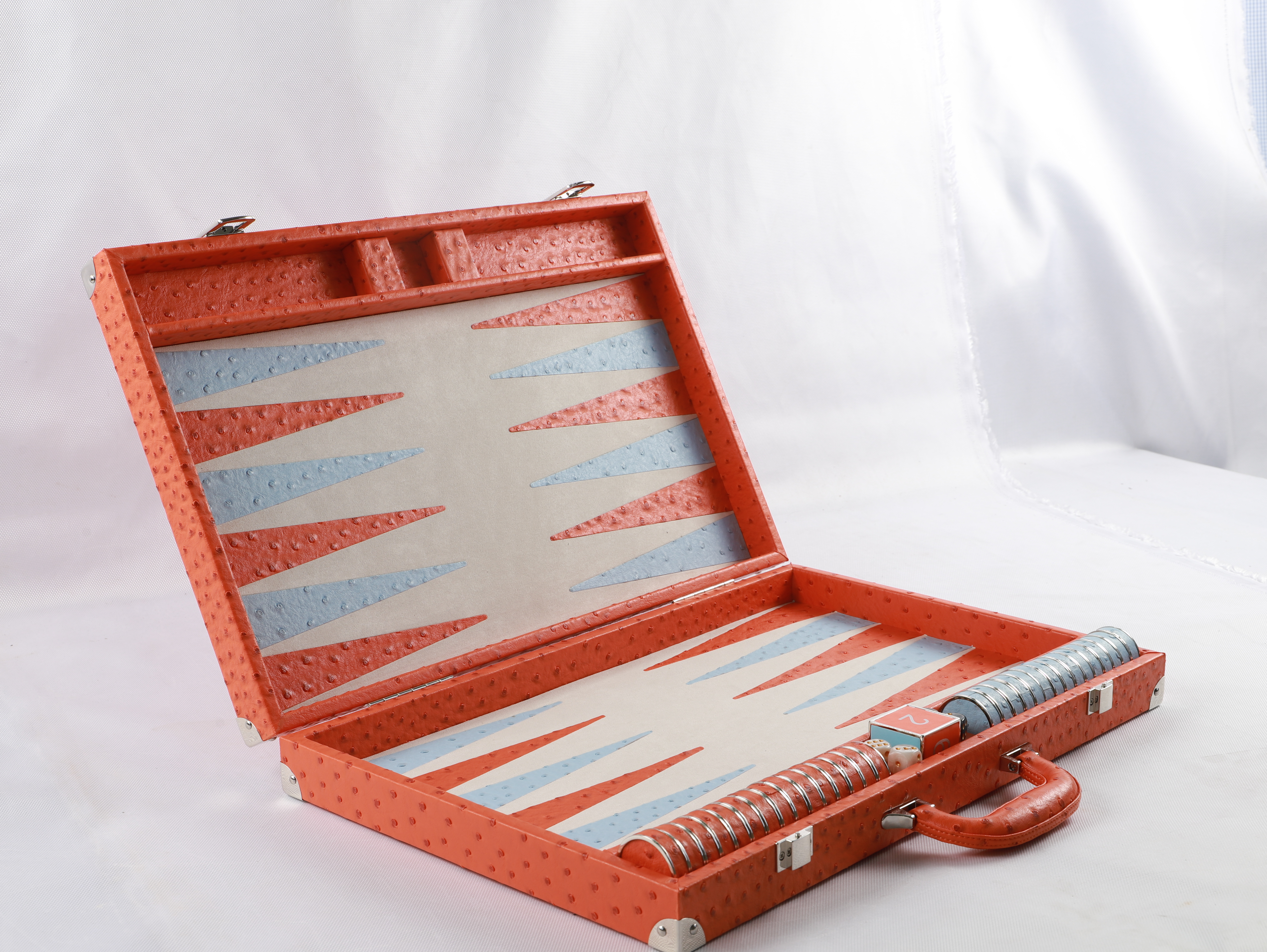 Backgammon Set with Ostrich Pattern And Premium Checkers And Dice Leather Folding Backgammon Board