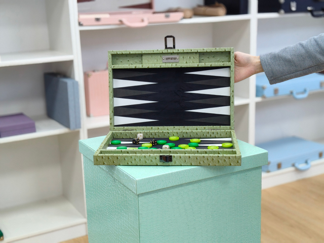green ostrich texture PU leather backgammon suitcase set