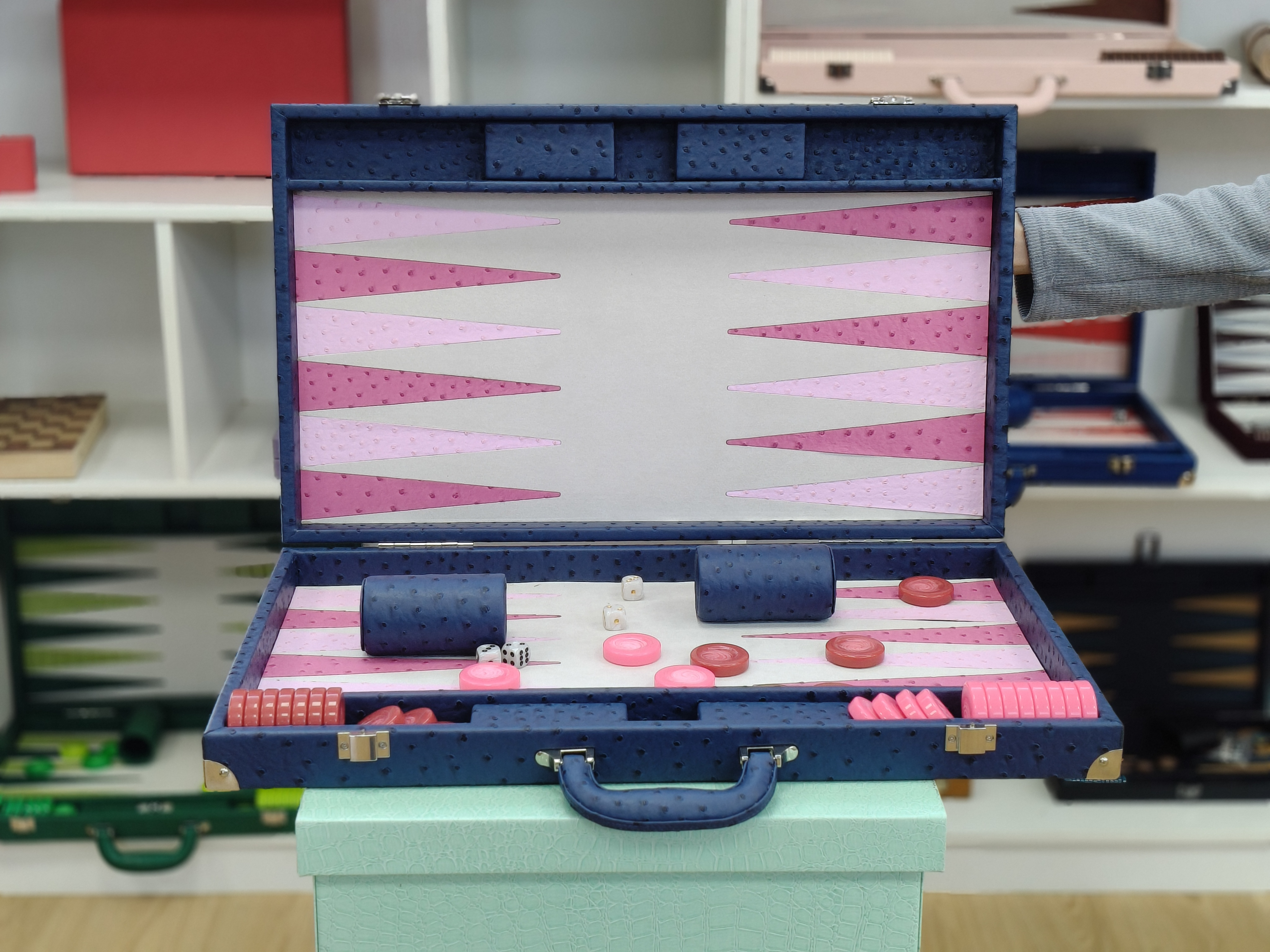 Navy Blue Ostrich-Embossed Leather Backgammon Set - Luxury Handcrafted Folding Board for Corporate Gifts