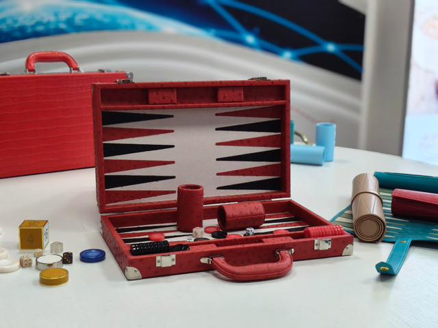 red PU leather backgammon case open black white board