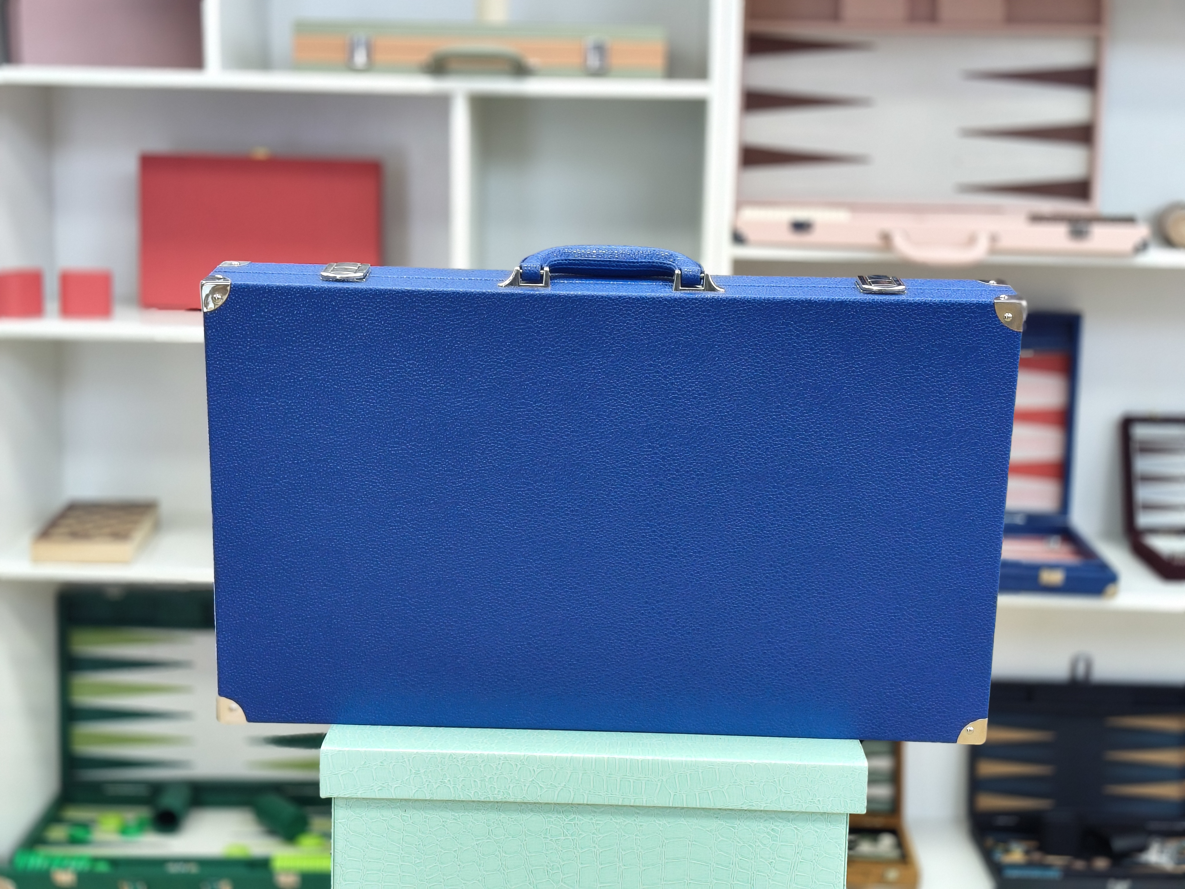 Luxury Custom PU Leather Backgammon Board Game Case with Handle Modern Blue Grey Design OEM Supplier