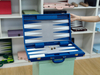 Custom PU Leather Backgammon Board Luxury Blue Suitcase Game Set with Handle