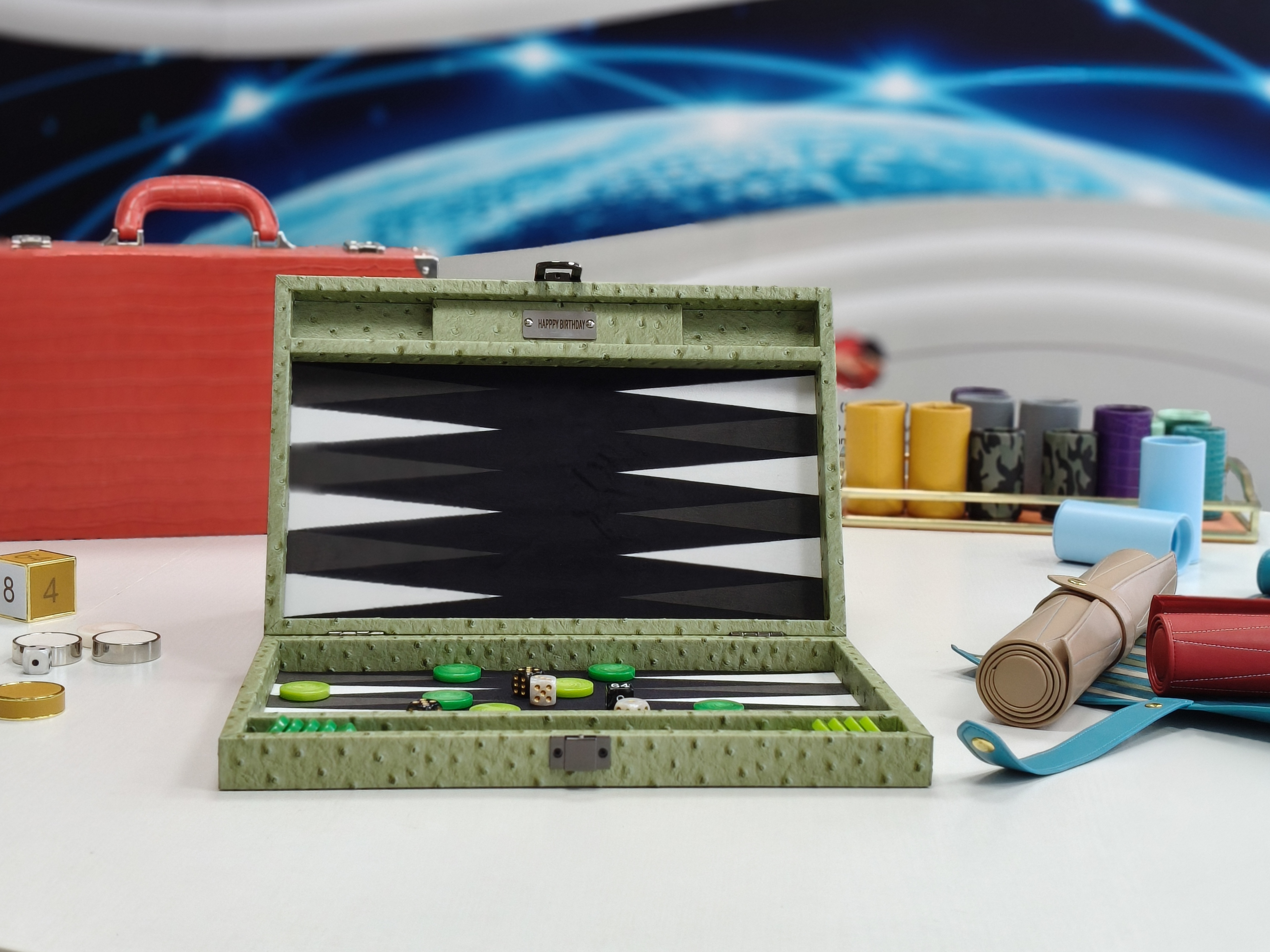 green ostrich texture PU leather backgammon suitcase set