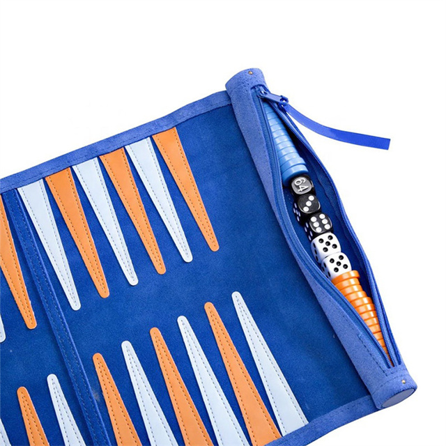 Faux Suede Backgammon Roll Up with Acrylic Checkers Blue Orange Points