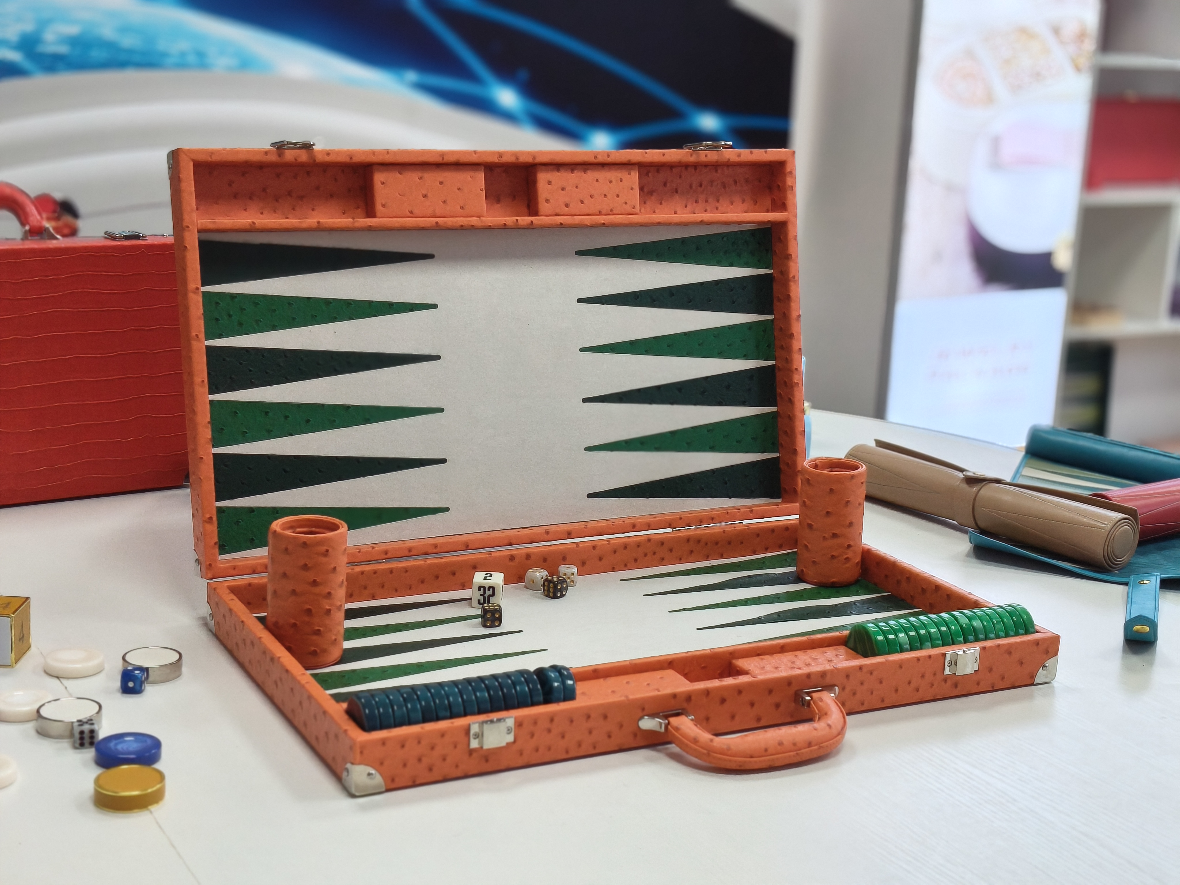 Orange Ostrich Texture Backgammon Set with Green Playing Field | Custom Gift & OEM Solution