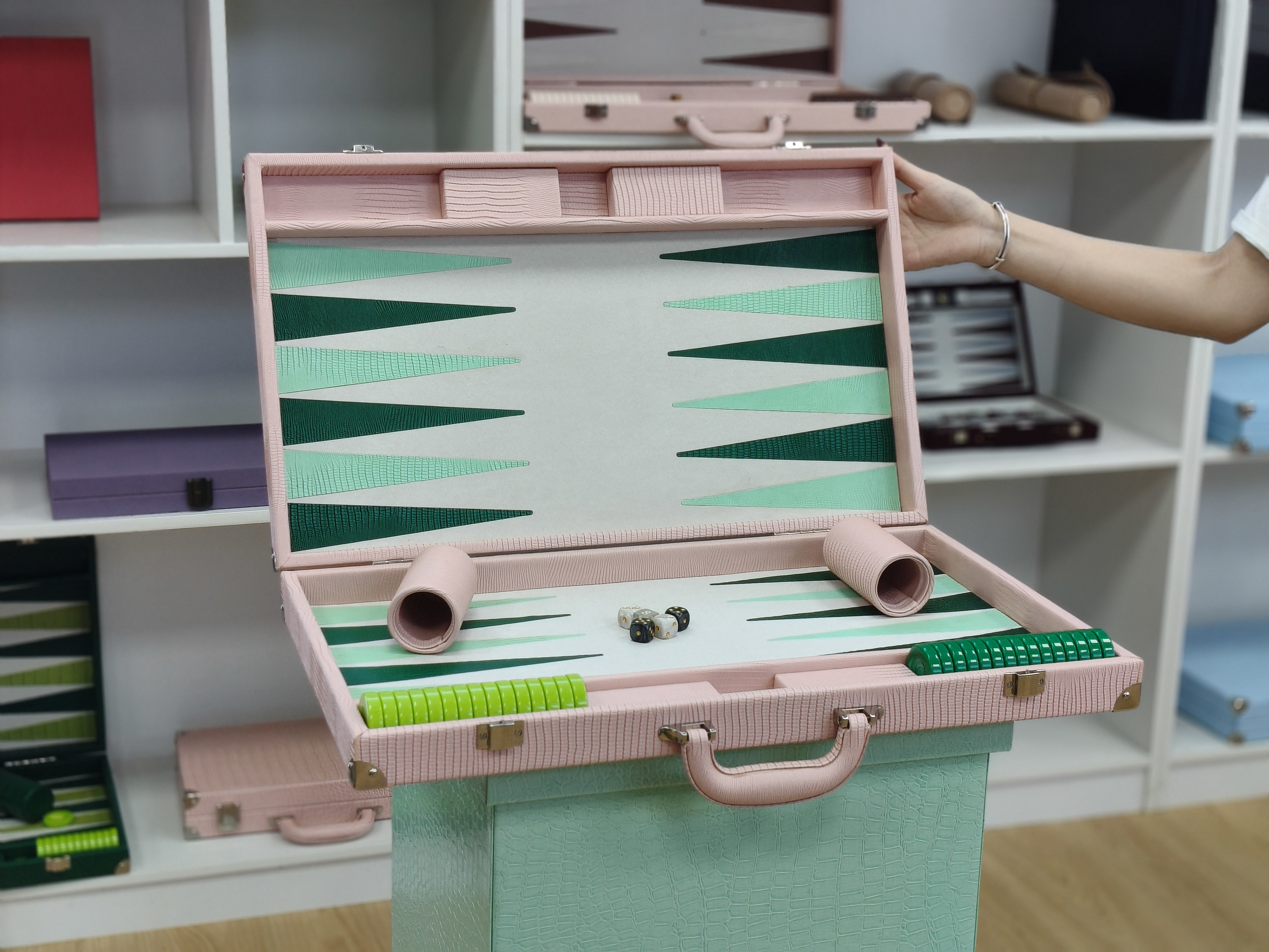 Handmade Pink Backgammon Set with Green Board Custom Gift & Private Label Supplier