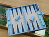 Premium Portable Backgammon Board with Blue Ostrich Texture Leather Complete Accessories And Elegant Suitcase Design.