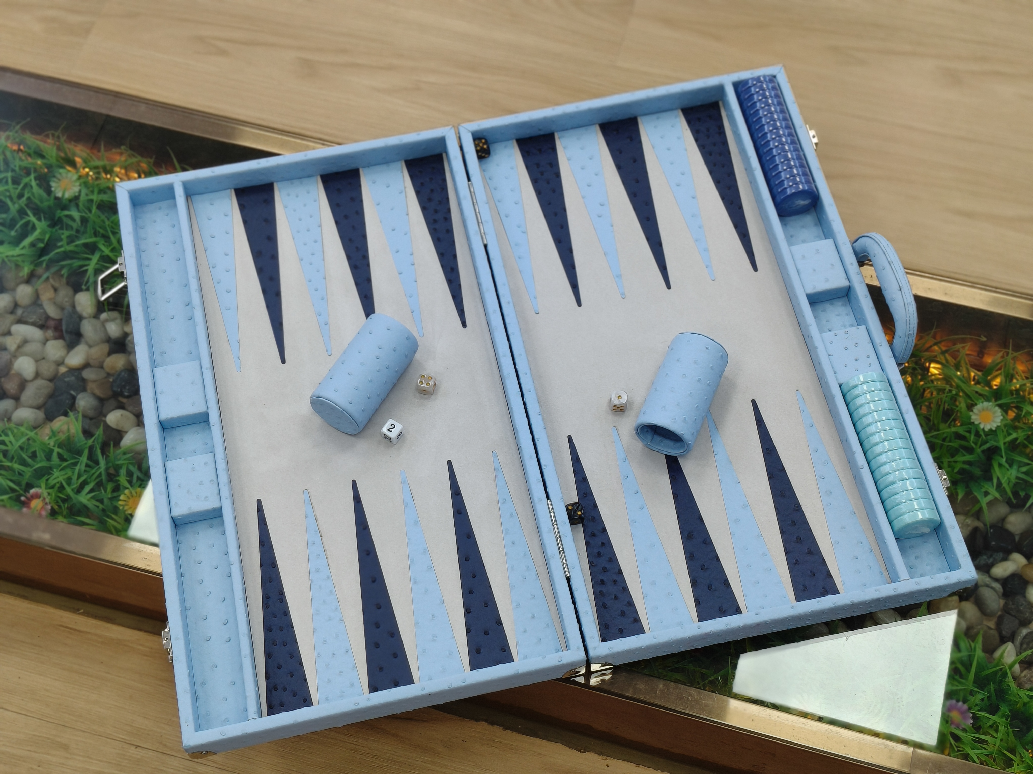 Premium Portable Backgammon Board with Blue Ostrich Texture Leather Complete Accessories And Elegant Suitcase Design.