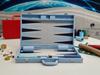 Luxury blue leather backgammon set suitcase style portable board game