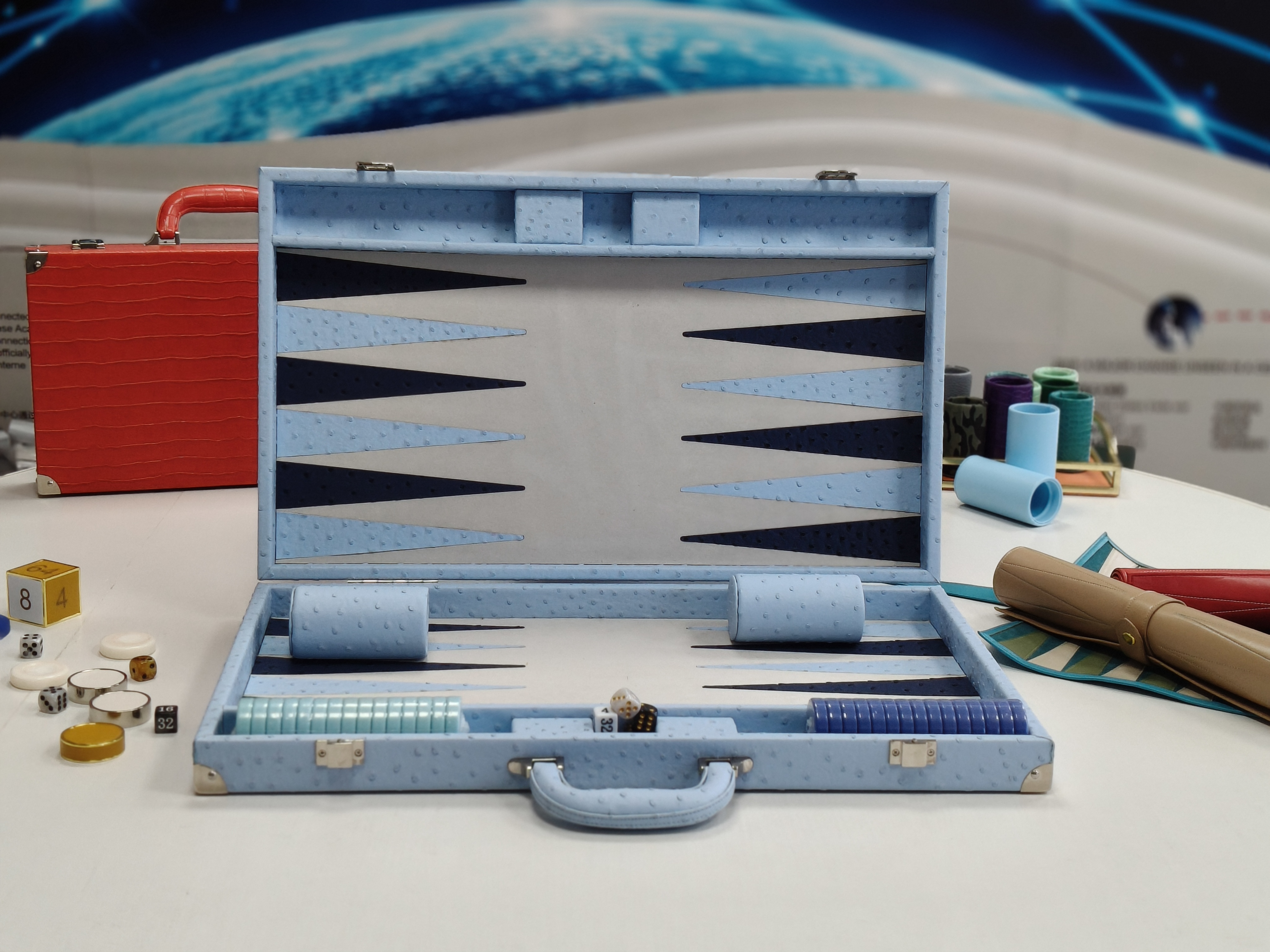 Luxury blue leather backgammon set suitcase style portable board game