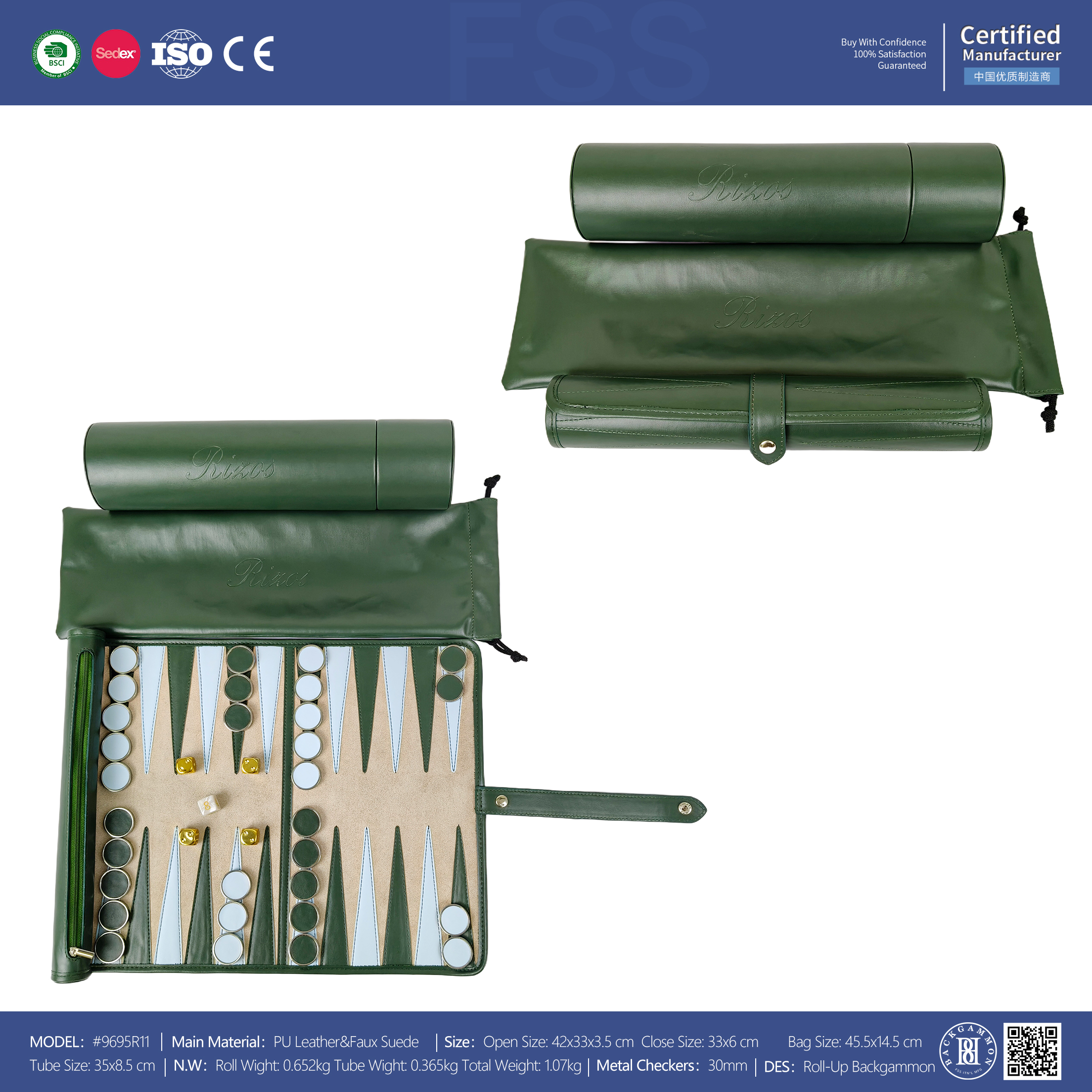 New Style 3-Piece Travel Roll-Up Backgammon Set