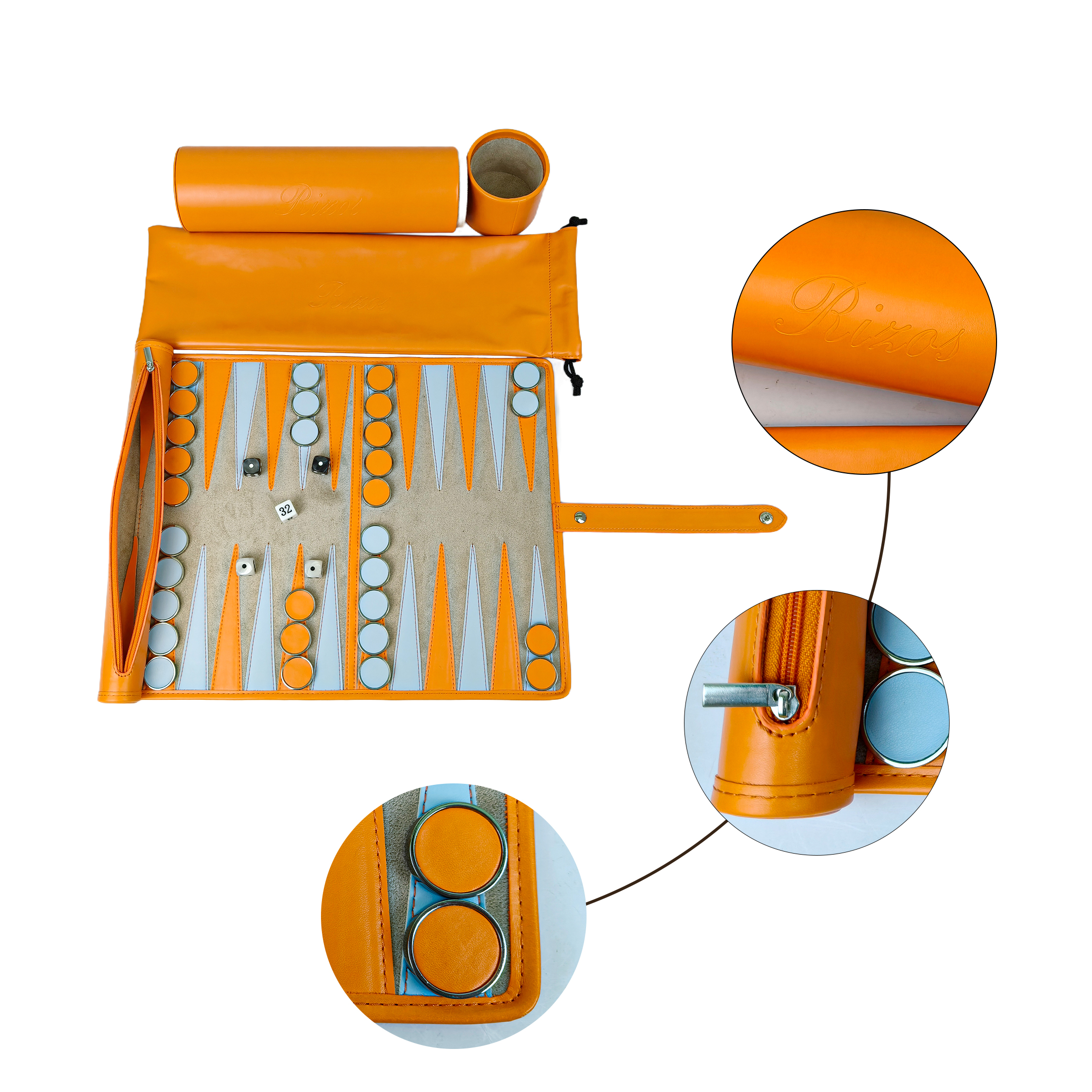 Vibrant Orange Travel Roll-Up Backgammon Kit | Complete 3-Piece PU Leather Gift Set