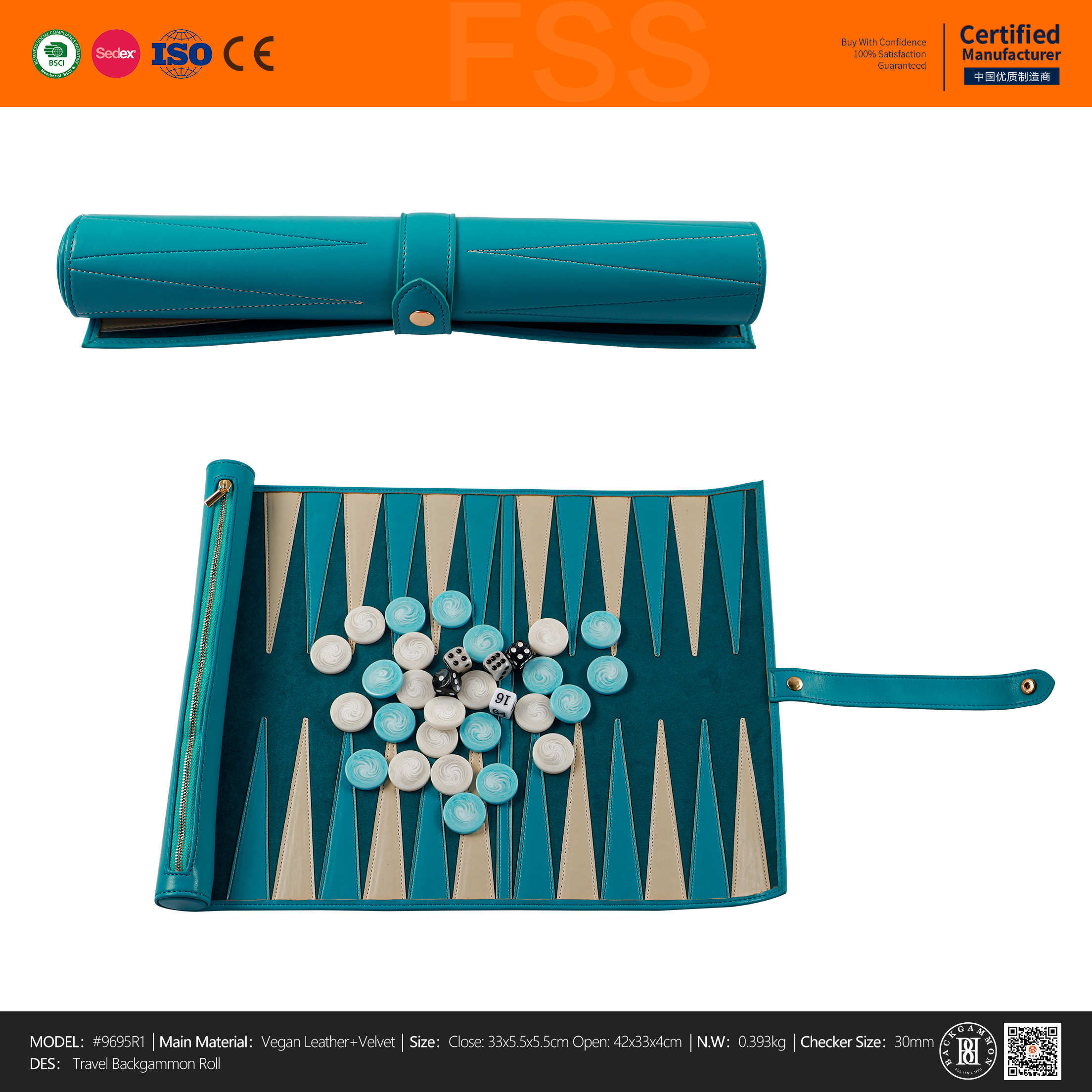 Turquoise PU Roll Up Travel Backgammon Complete Game Kit