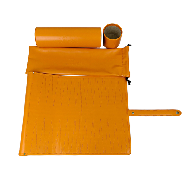 Vibrant Orange Travel Roll-Up Backgammon Kit | Complete 3-Piece PU Leather Gift Set
