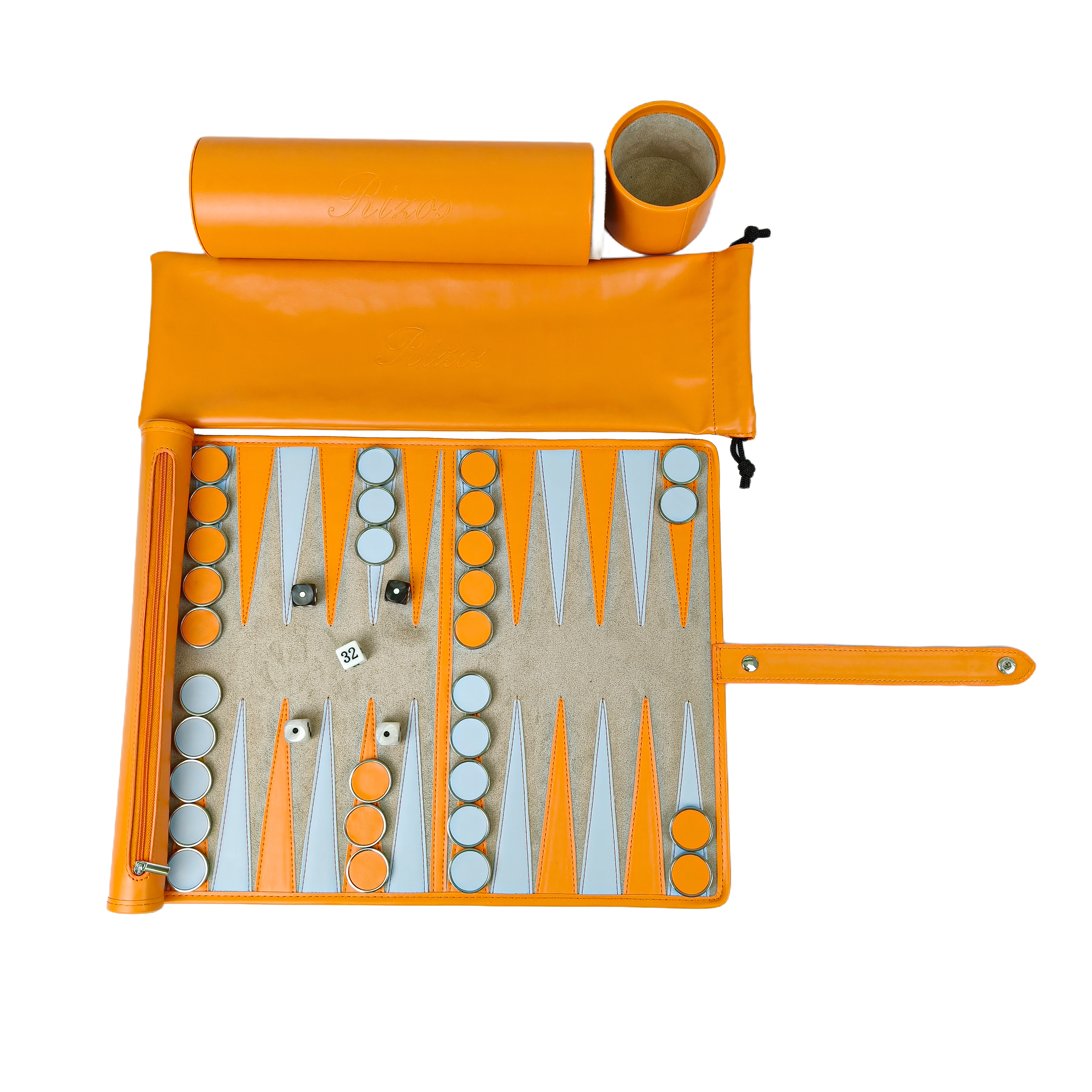 Vibrant Orange Travel Roll-Up Backgammon Kit | Complete 3-Piece PU Leather Gift Set