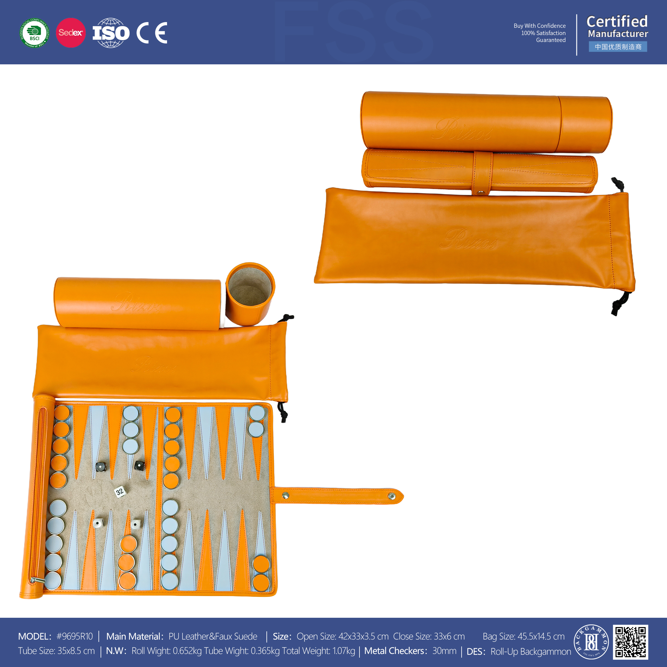 Vibrant Orange Travel Roll-Up Backgammon Kit | Complete 3-Piece PU Leather Gift Set
